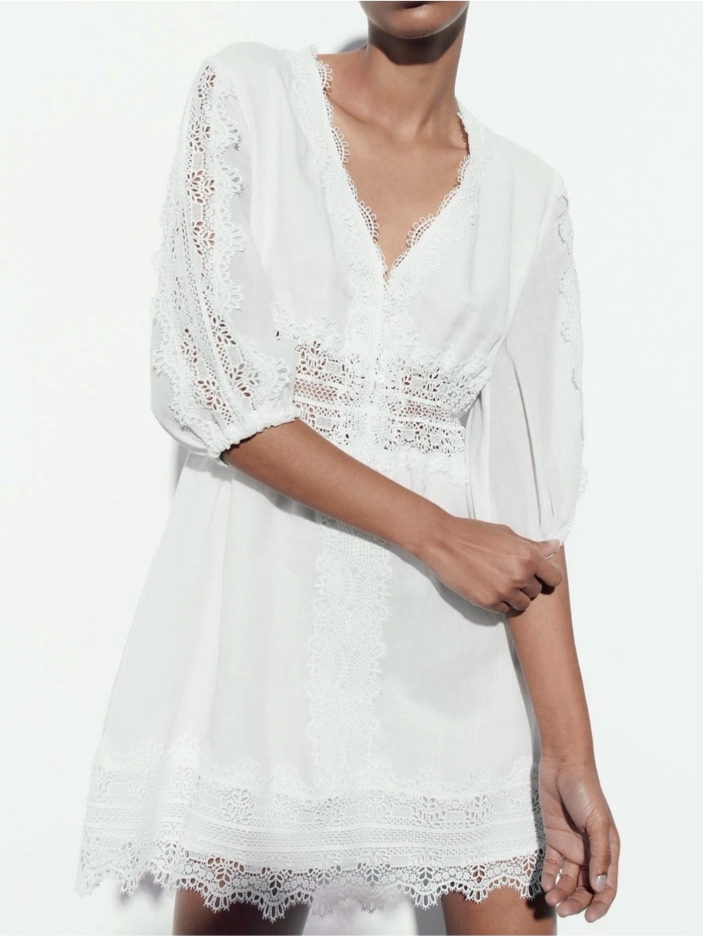 White Lace Trim V-Neck Mini Dress